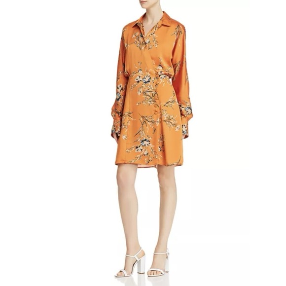 Equipment Sz L Harmon Orange‎ Floral Print Satin Wrap Mini Dress - Picture 1 of 9